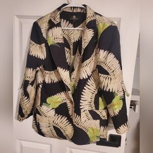 Lexbreezy Hawaii Hawaiian Black and Cream Leaf Print Blazer